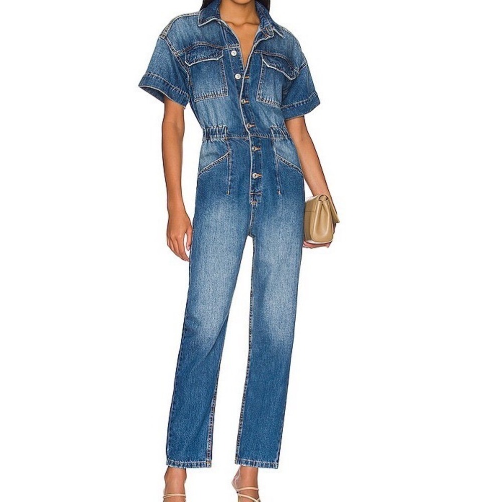 Free People Marci Denim Coverall Jumpsuit Blue Size XS Short Sleeve Utility Boho